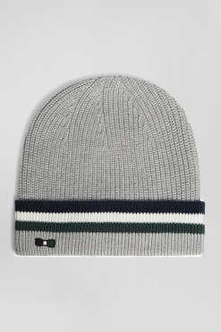 Grey cotton beanie with striped turn-up