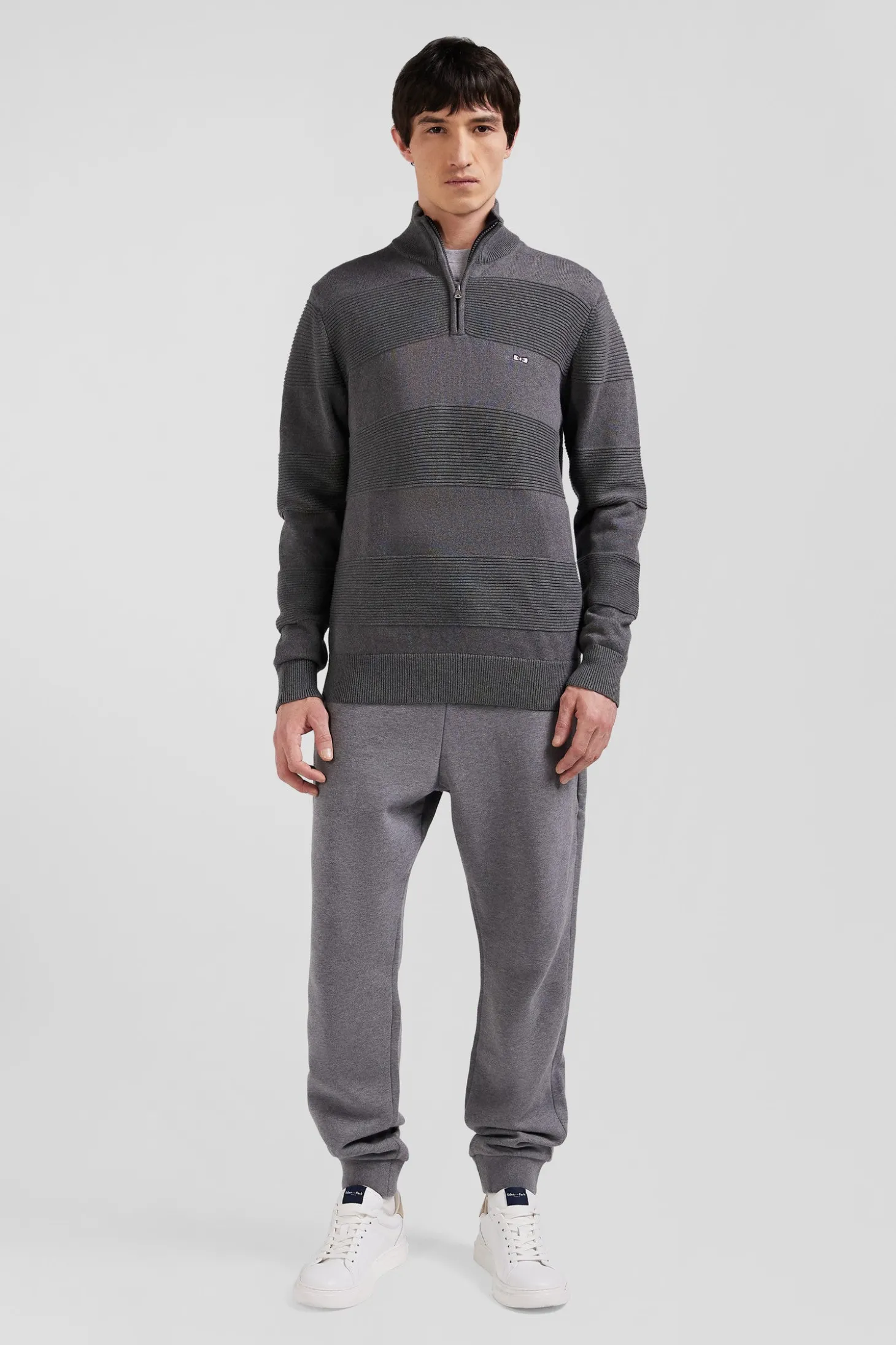 Grey cotton half-zip jumper with knit details Regular fit