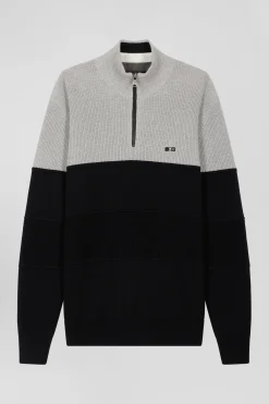 Grey cotton half-zip jumper with knit details Regular fit