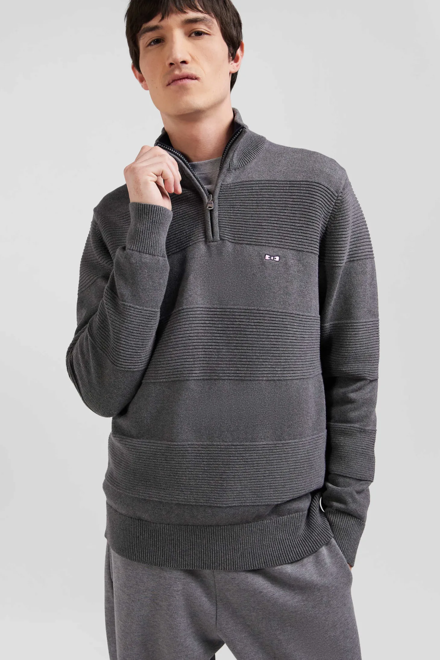 Grey cotton half-zip jumper with knit details Regular fit