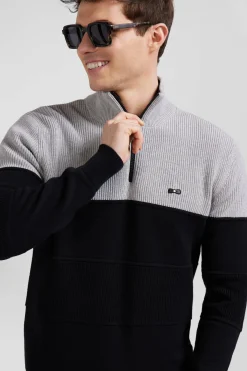 Grey cotton half-zip jumper with knit details Regular fit