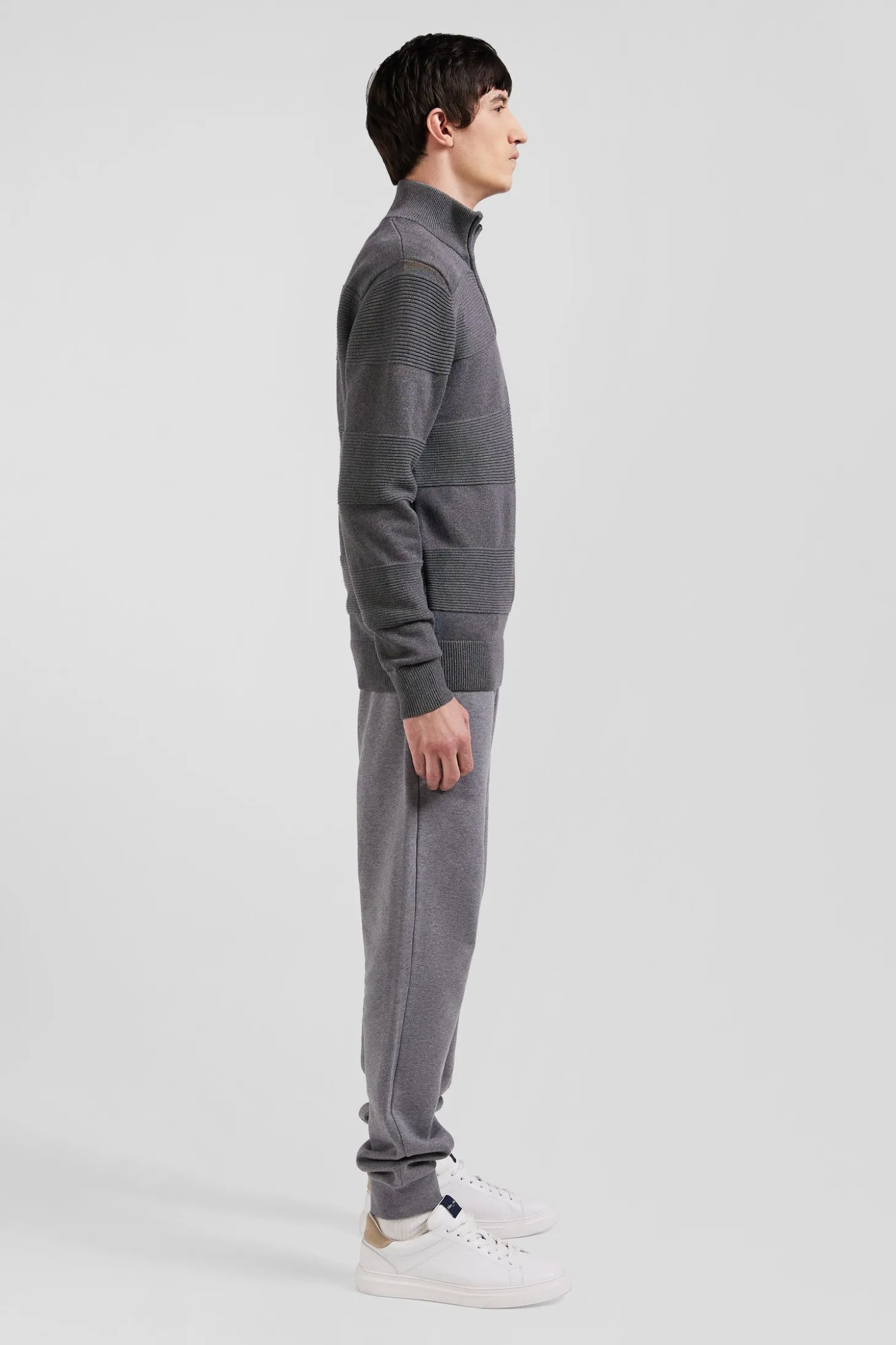 Grey cotton half-zip jumper with knit details Regular fit