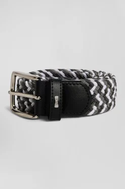 Grey rubber stretch braided belt with silver metal buckle