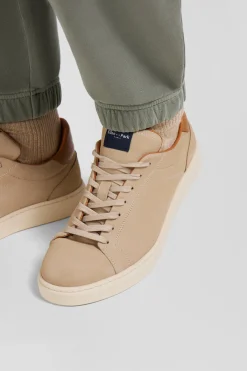 Khaki grained leather low-top sneakers