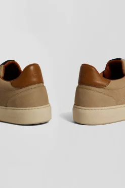 Khaki grained leather low-top sneakers