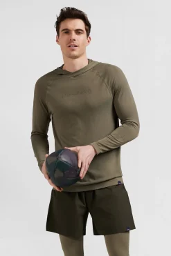 Khaki green hoodie with striped sleeves