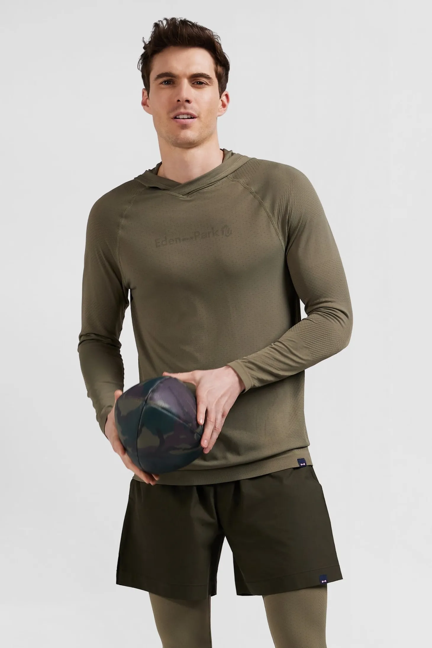 Khaki green hoodie with striped sleeves