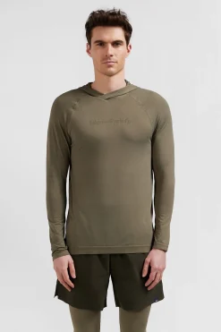 Khaki green hoodie with striped sleeves