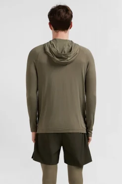 Khaki green hoodie with striped sleeves