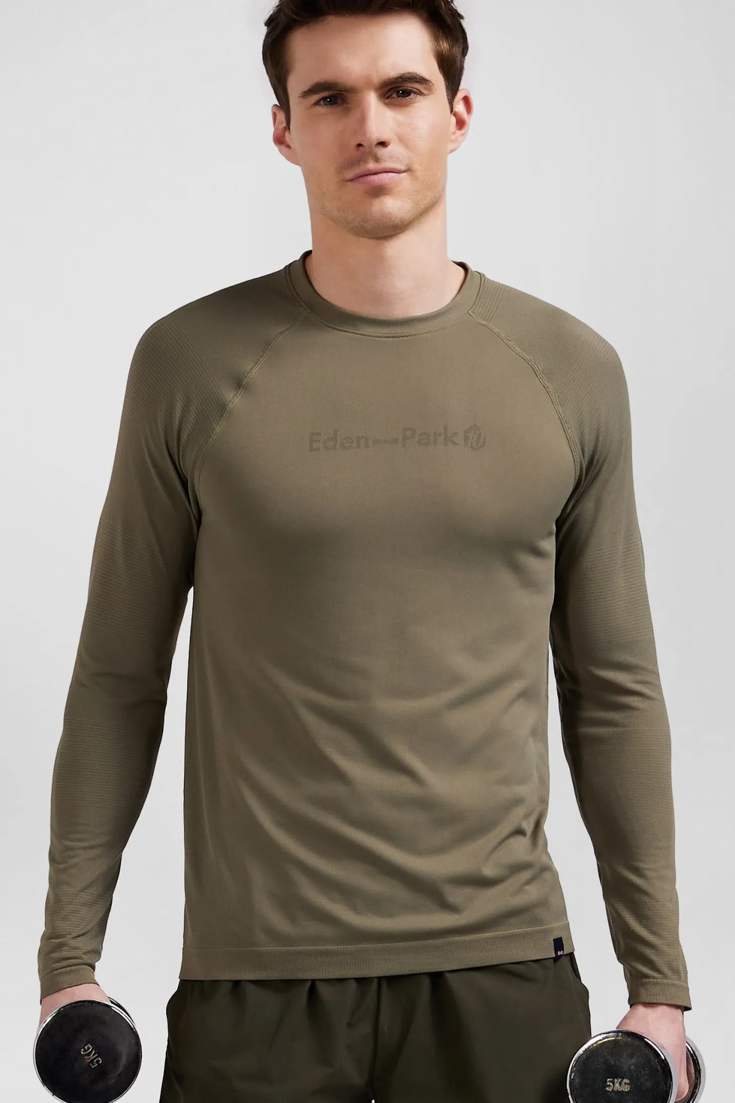 Khaki green long-sleeved sports T-shirt with striped details