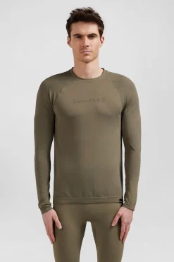 Khaki green long-sleeved sports T-shirt with striped details