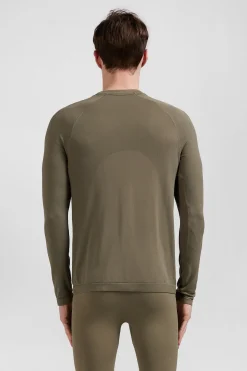 Khaki green long-sleeved sports T-shirt with striped details