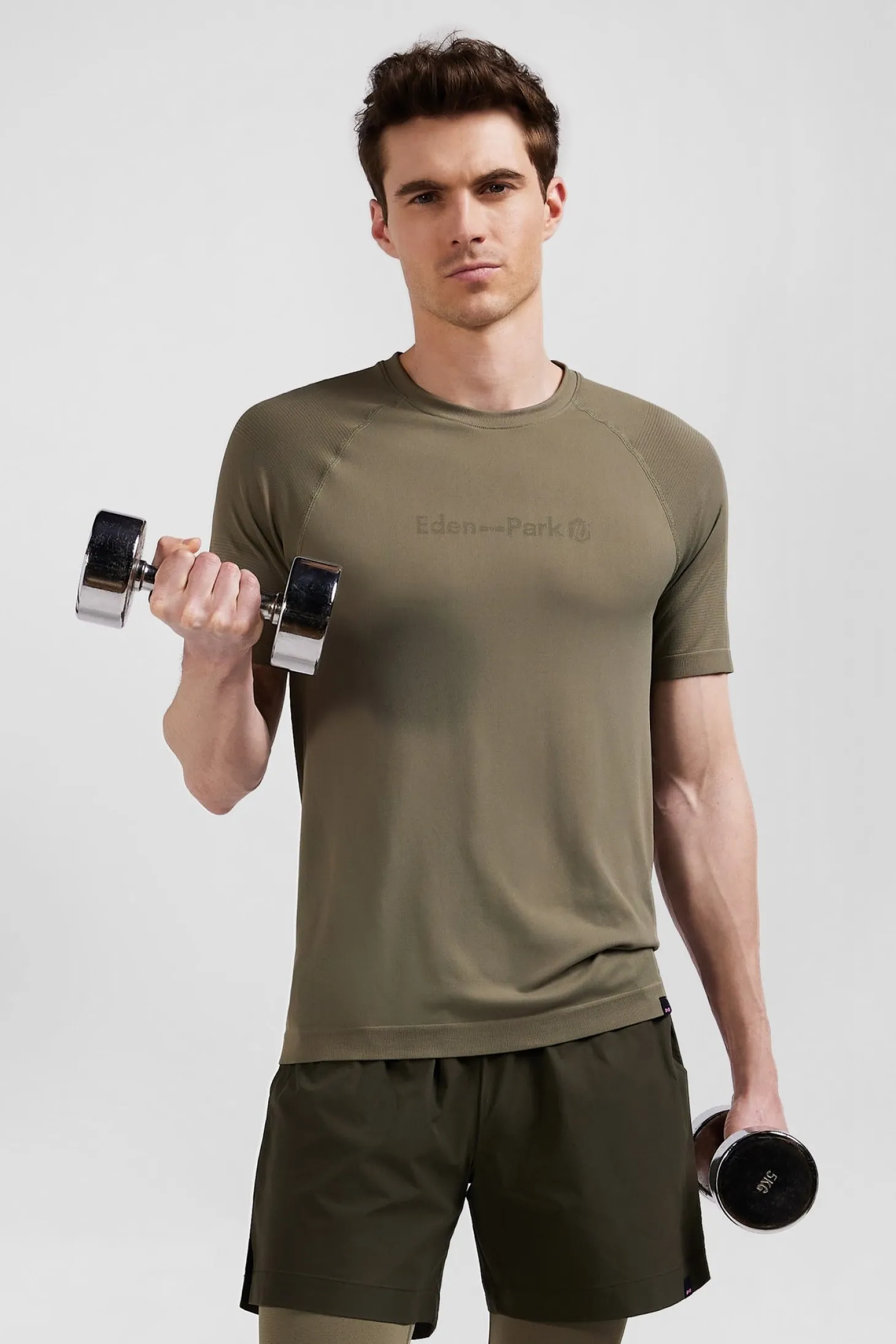 Khaki green short-sleeved sports T-shirt with striped details