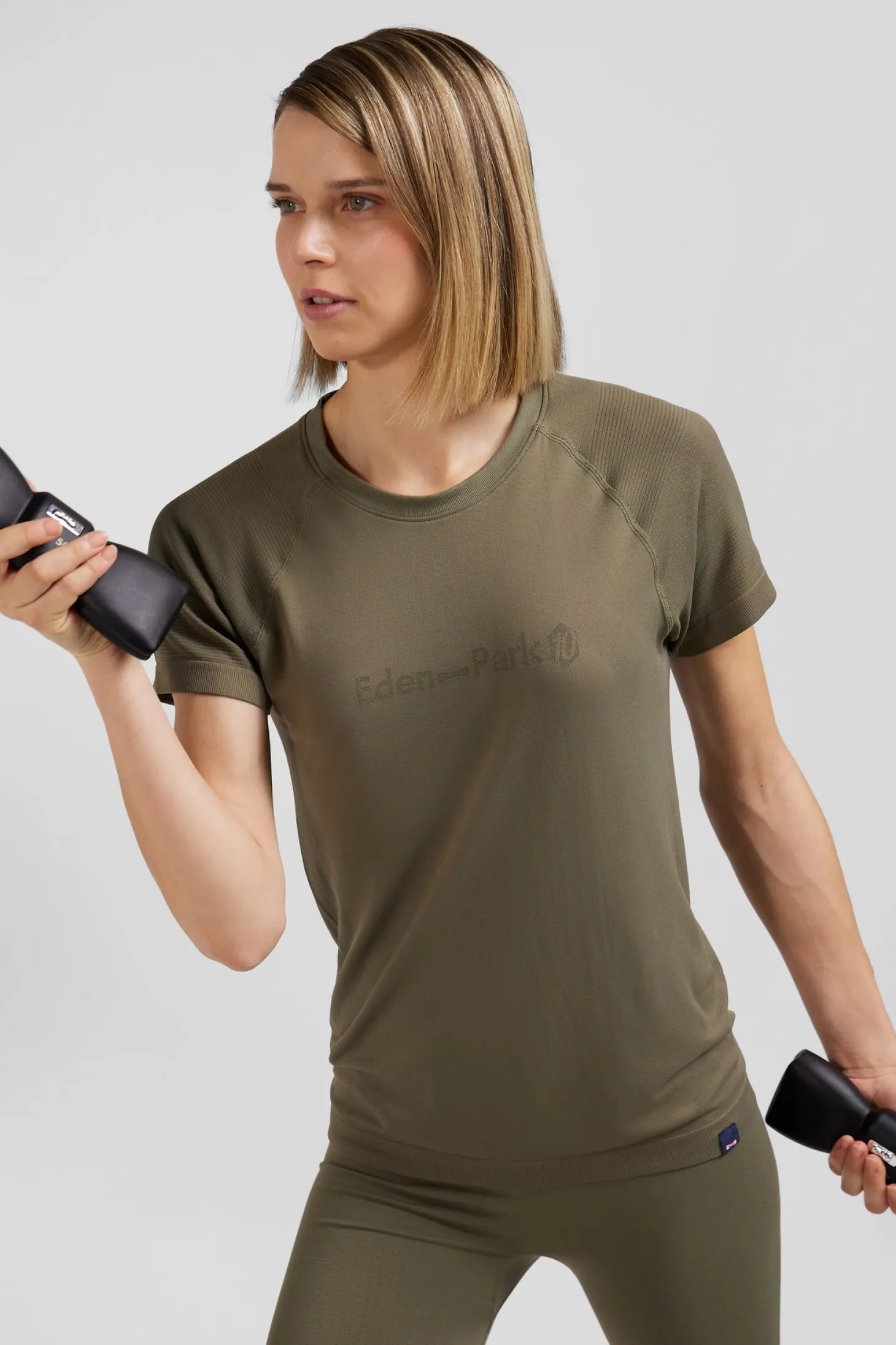 Khaki green short-sleeved sports T-shirt with striped details