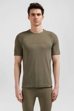 Khaki green short-sleeved sports T-shirt with striped details