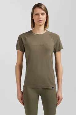 Khaki green short-sleeved sports T-shirt with striped details