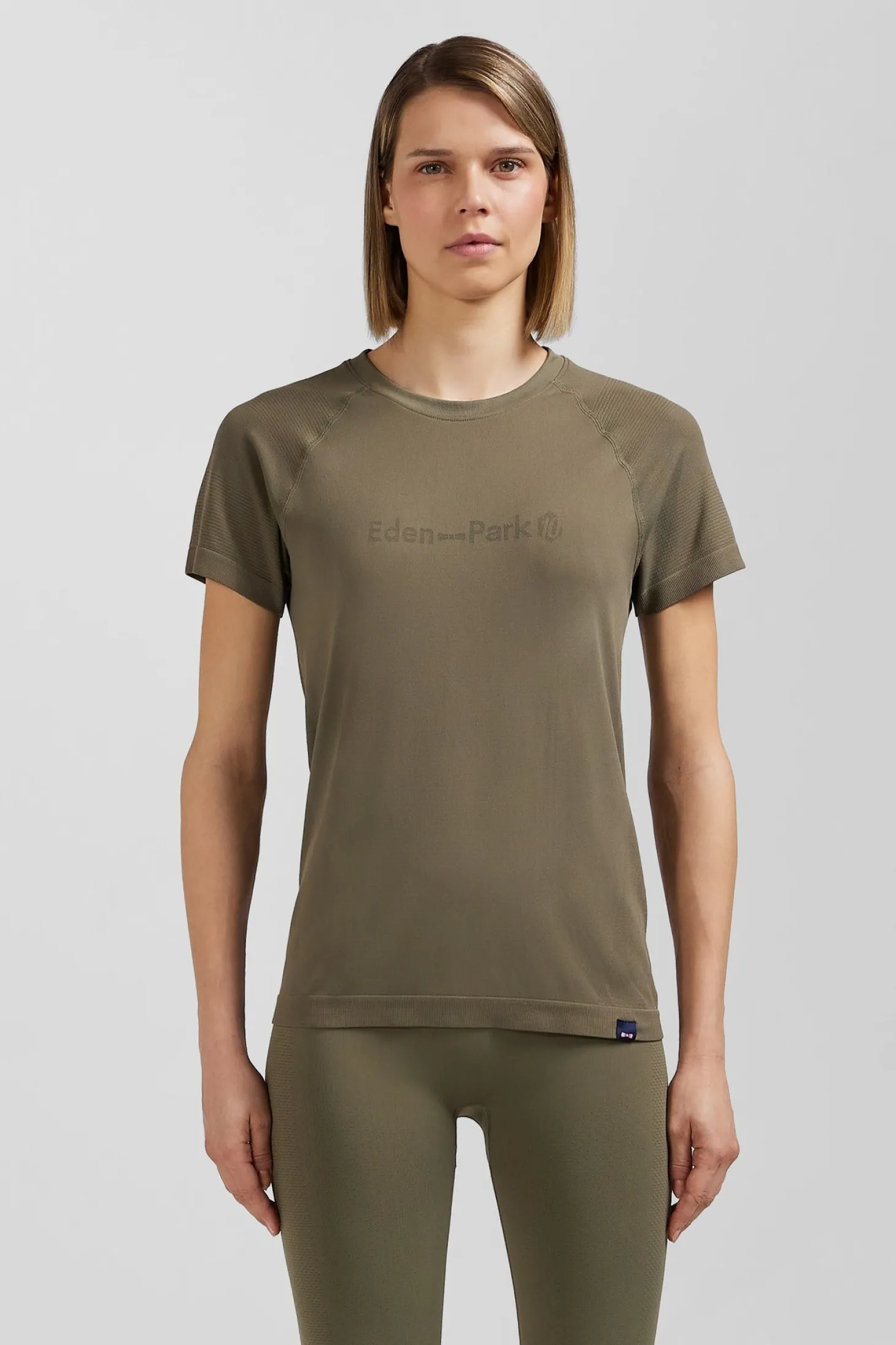Khaki green short-sleeved sports T-shirt with striped details