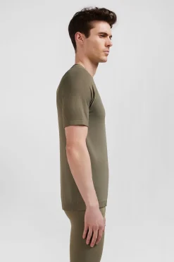 Khaki green short-sleeved sports T-shirt with striped details