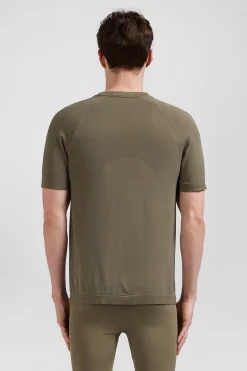 Khaki green short-sleeved sports T-shirt with striped details