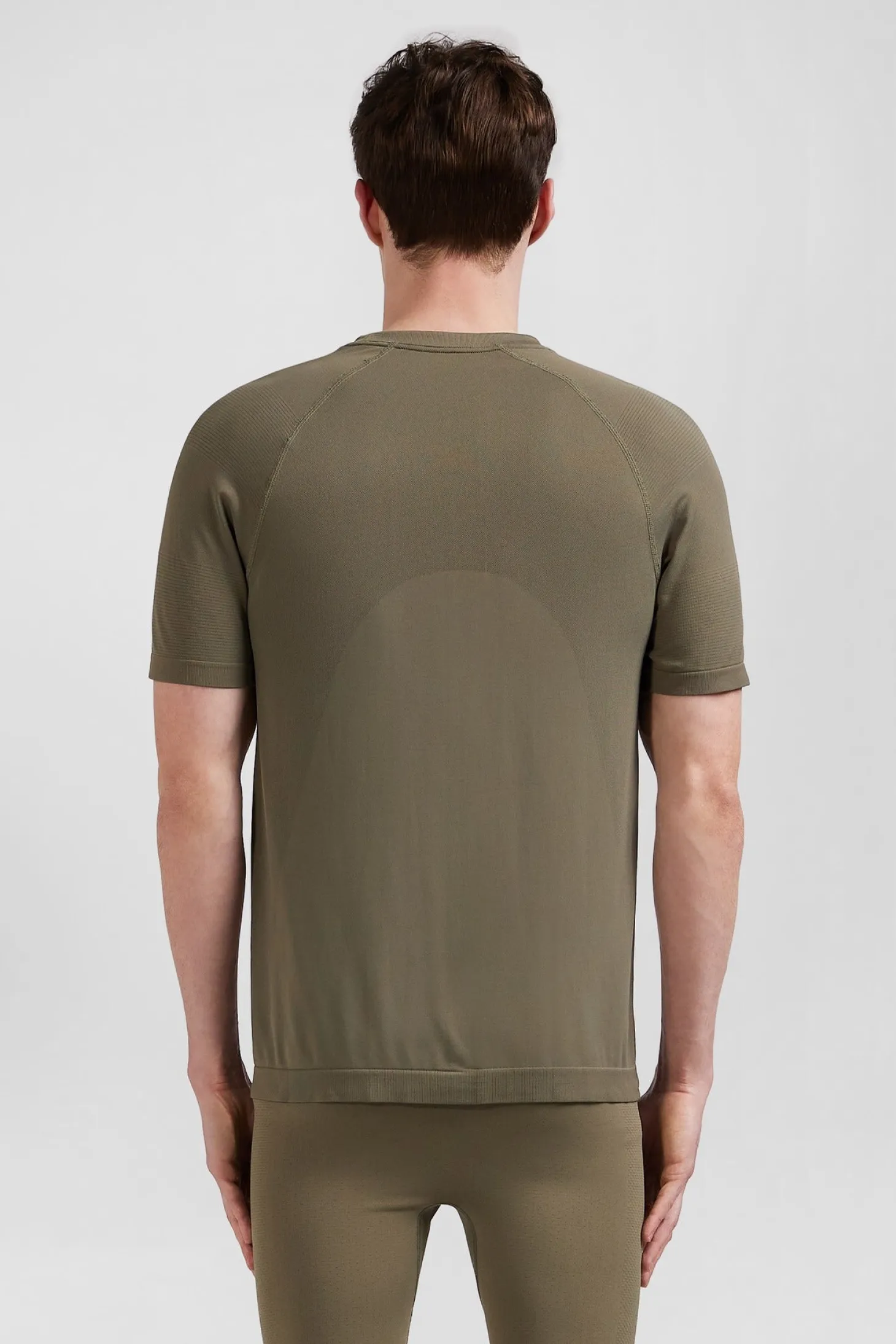 Khaki green short-sleeved sports T-shirt with striped details