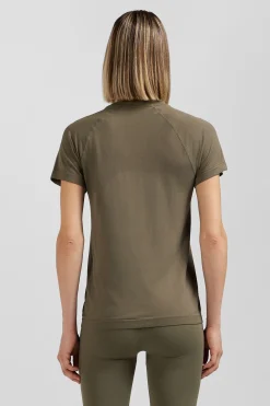 Khaki green short-sleeved sports T-shirt with striped details