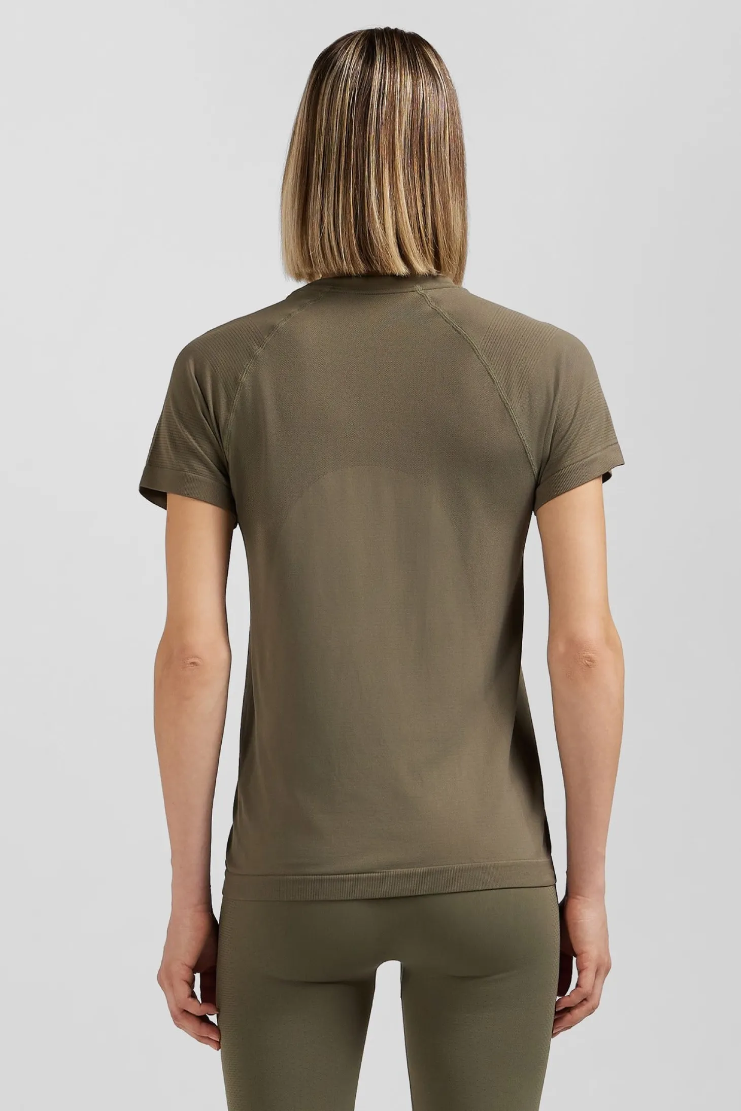 Khaki green short-sleeved sports T-shirt with striped details