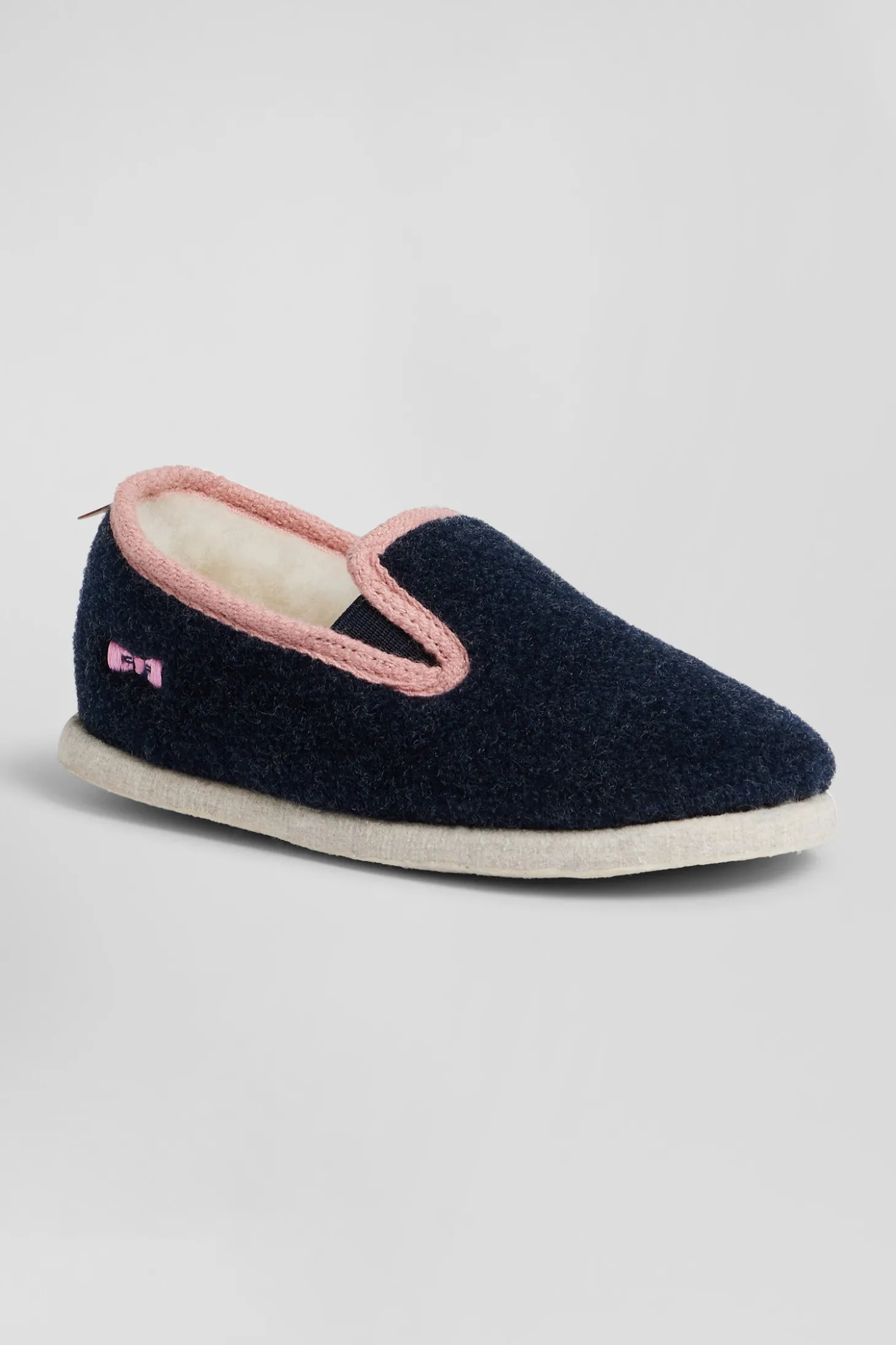 Kids navy blue felt and shearling slippers
