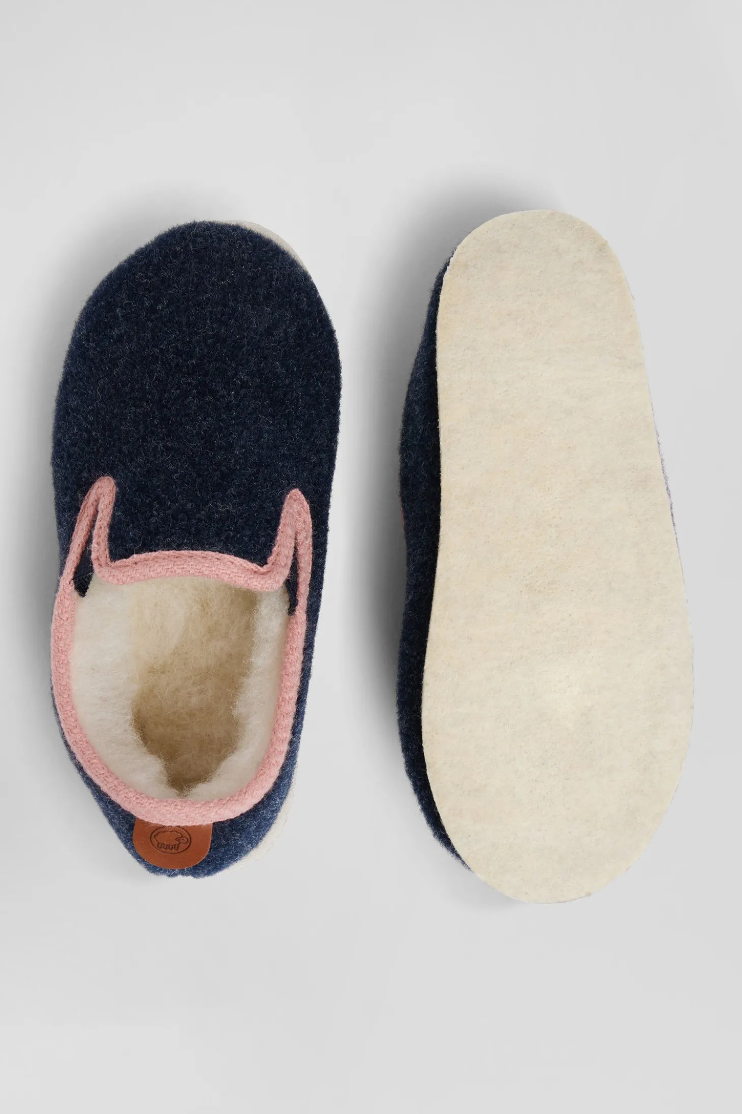 Kids navy blue felt and shearling slippers