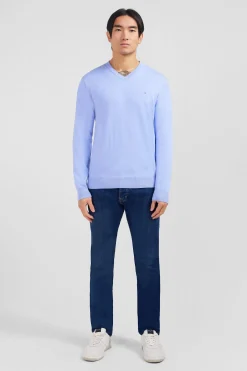 Light blue V-neck cotton jersey jumper