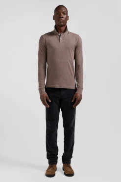 Long-sleeved brown cotton piqué polo shirt