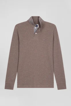 Long-sleeved brown cotton piqué polo shirt