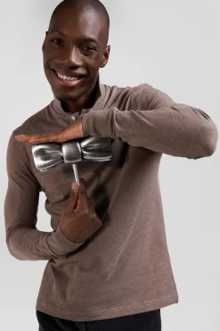 Long-sleeved brown cotton piqué polo shirt