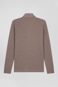 Long-sleeved brown cotton piqué polo shirt