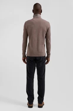 Long-sleeved brown cotton piqué polo shirt