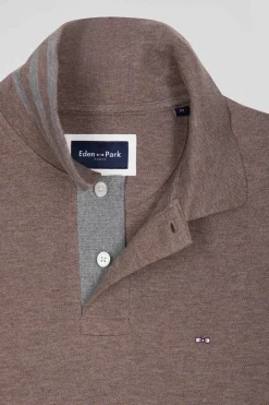Long-sleeved brown cotton piqué polo shirt