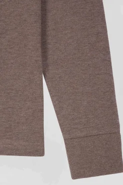 Long-sleeved brown cotton piqué polo shirt
