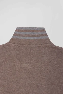 Long-sleeved brown cotton piqué polo shirt