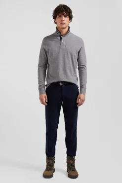 Long-sleeved grey cotton piqué polo shirt