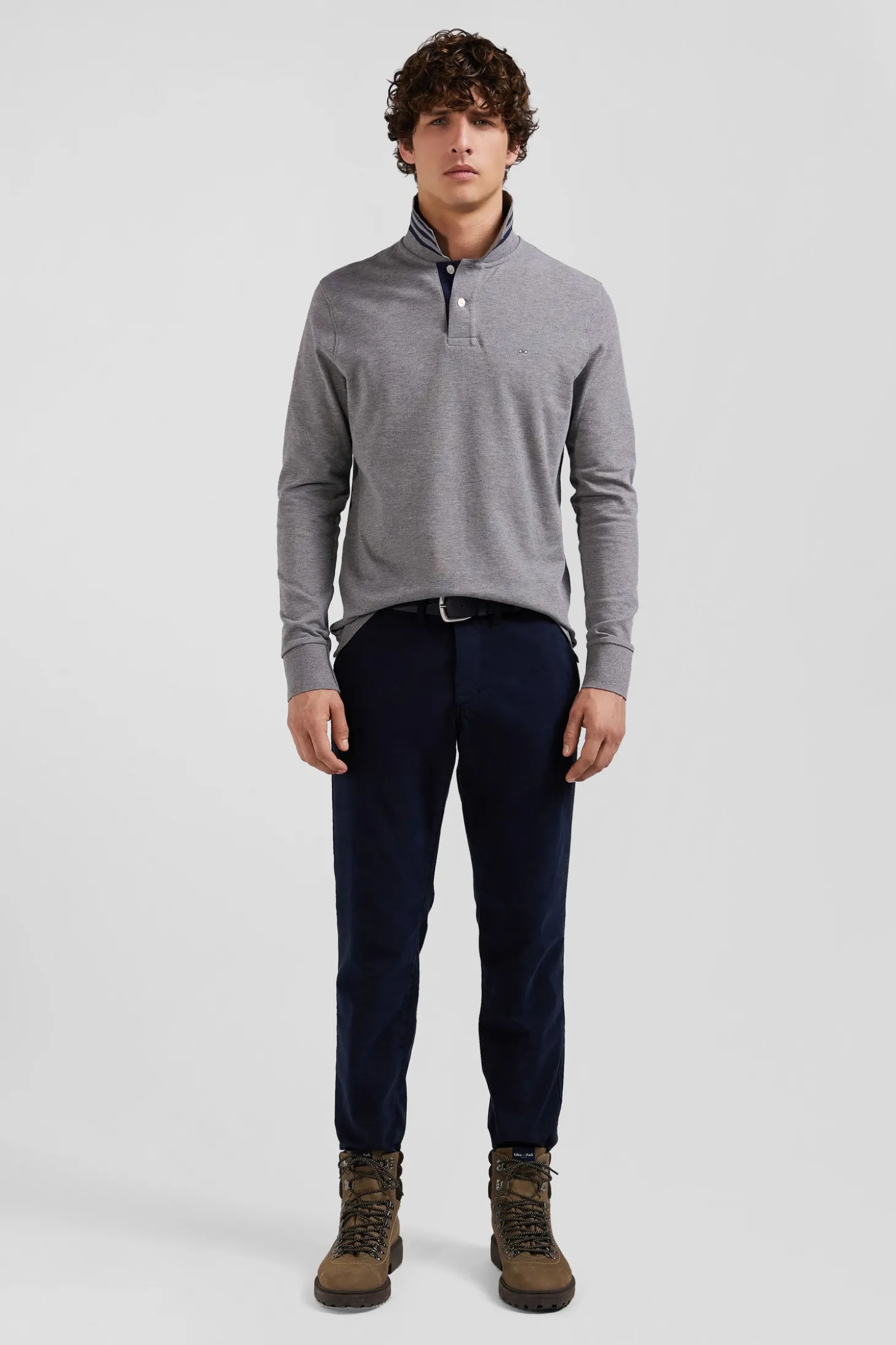 Long-sleeved grey cotton piqué polo shirt
