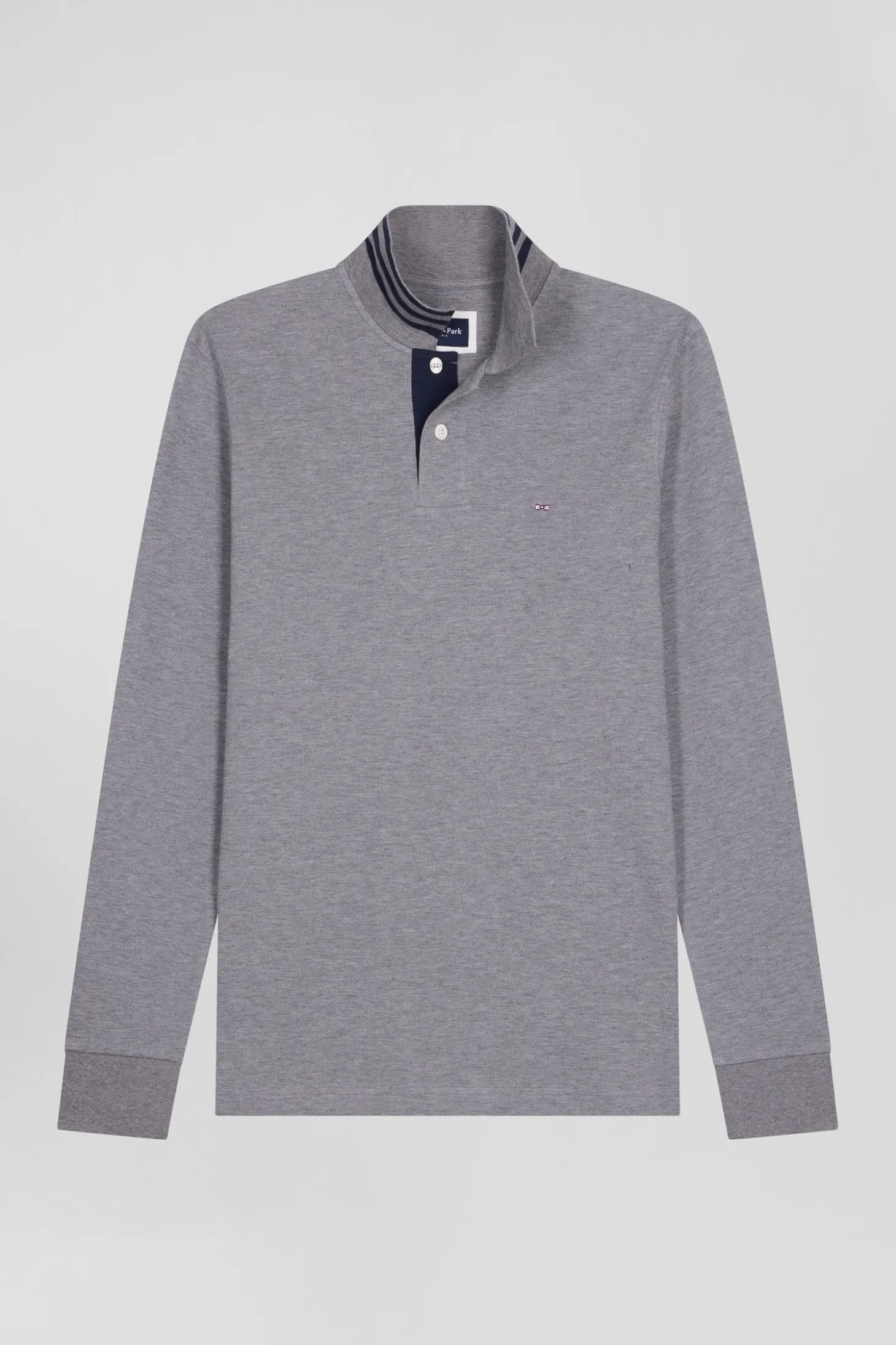 Long-sleeved grey cotton piqué polo shirt