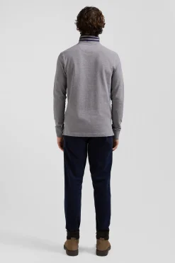 Long-sleeved grey cotton piqué polo shirt