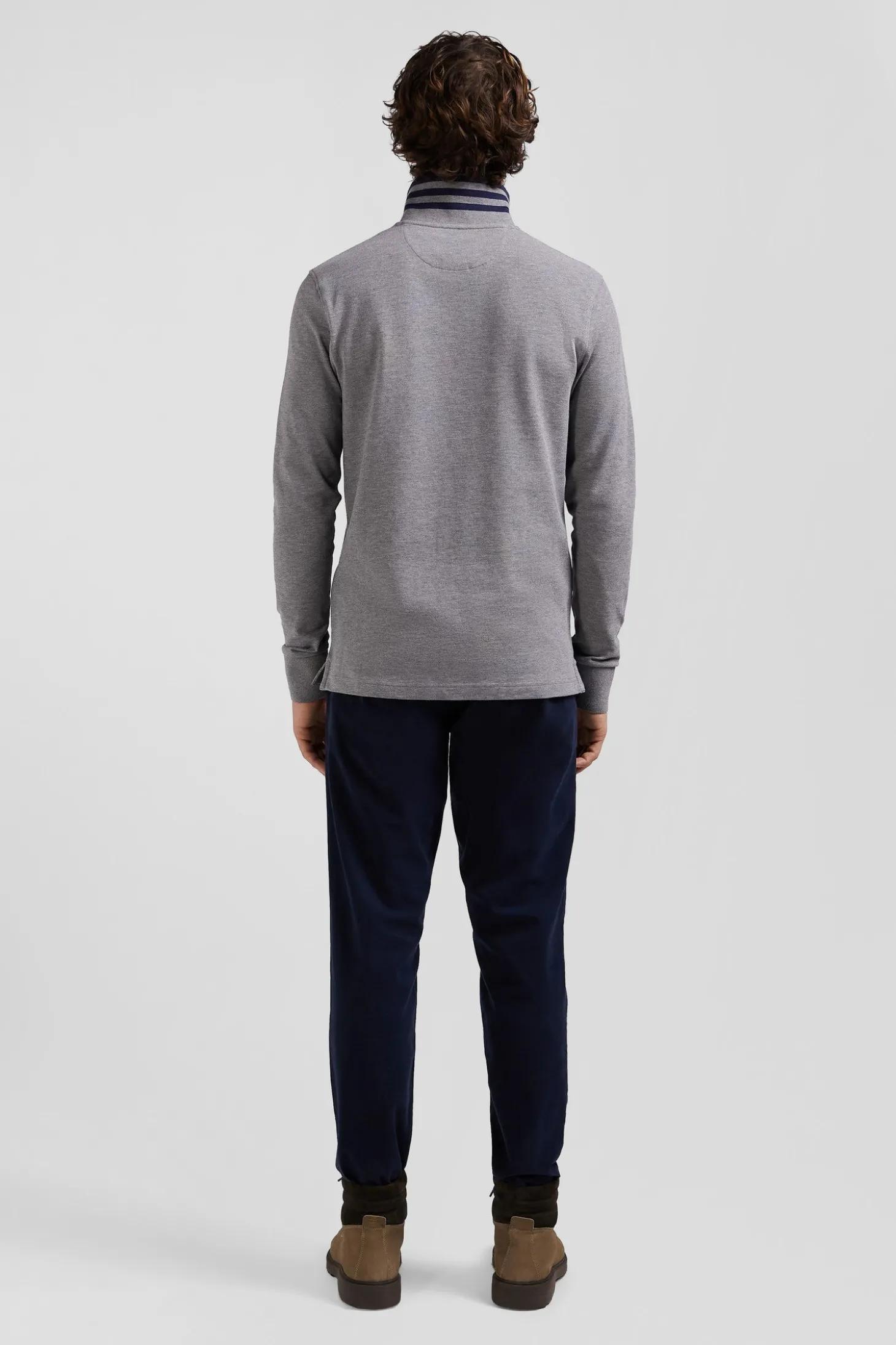Long-sleeved grey cotton piqué polo shirt