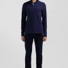Long-sleeved navy blue cotton piqué polo shirt