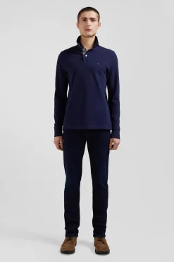Long-sleeved navy blue cotton piqué polo shirt