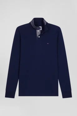 Long-sleeved navy blue cotton piqué polo shirt