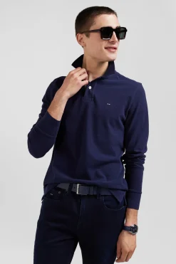 Long-sleeved navy blue cotton piqué polo shirt