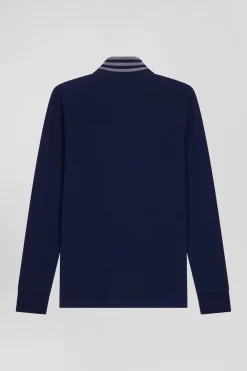 Long-sleeved navy blue cotton piqué polo shirt