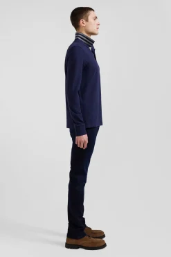 Long-sleeved navy blue cotton piqué polo shirt