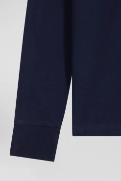Long-sleeved navy blue cotton piqué polo shirt