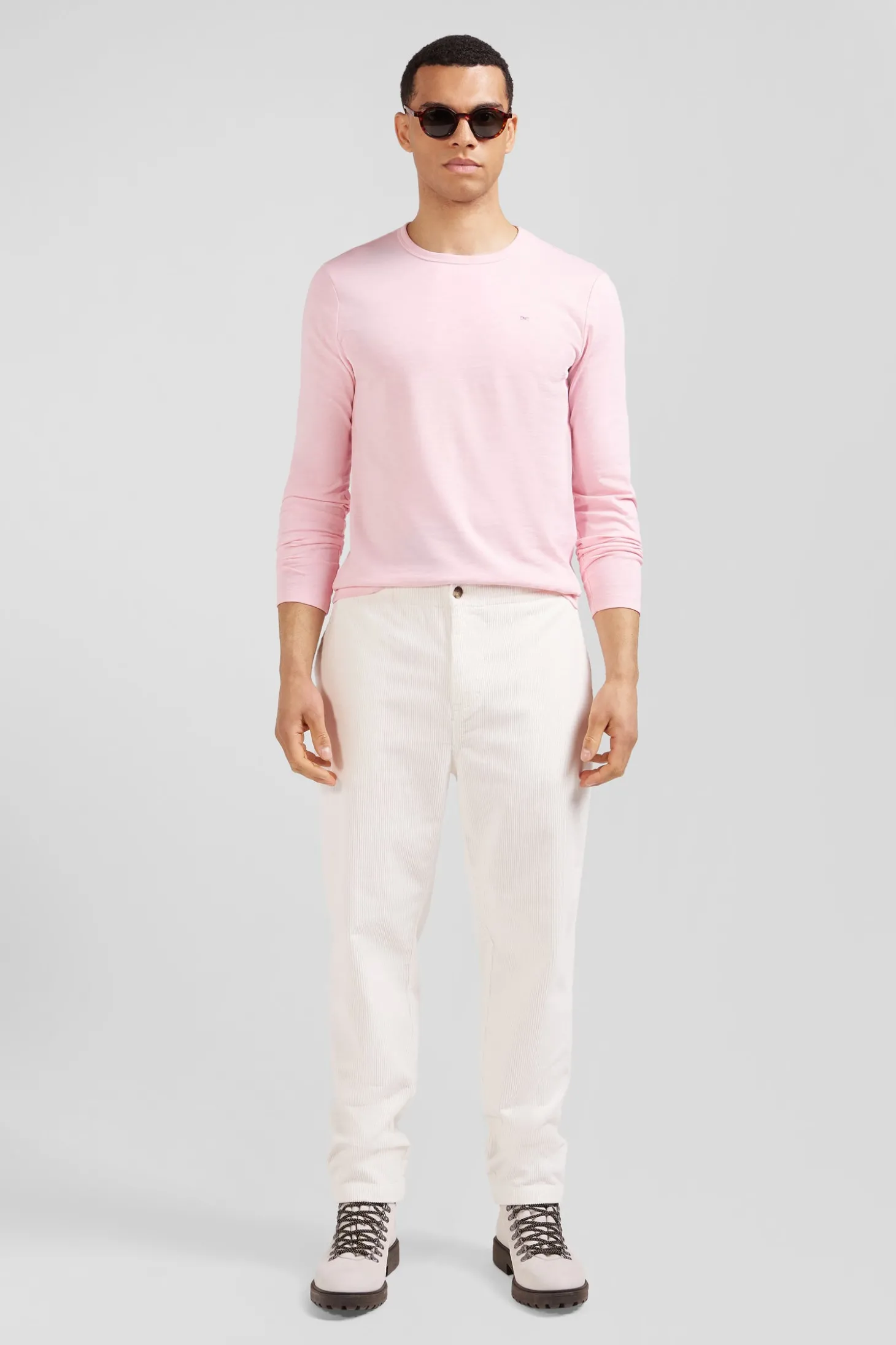 Modern ecru stretch cotton elastic waist trousers